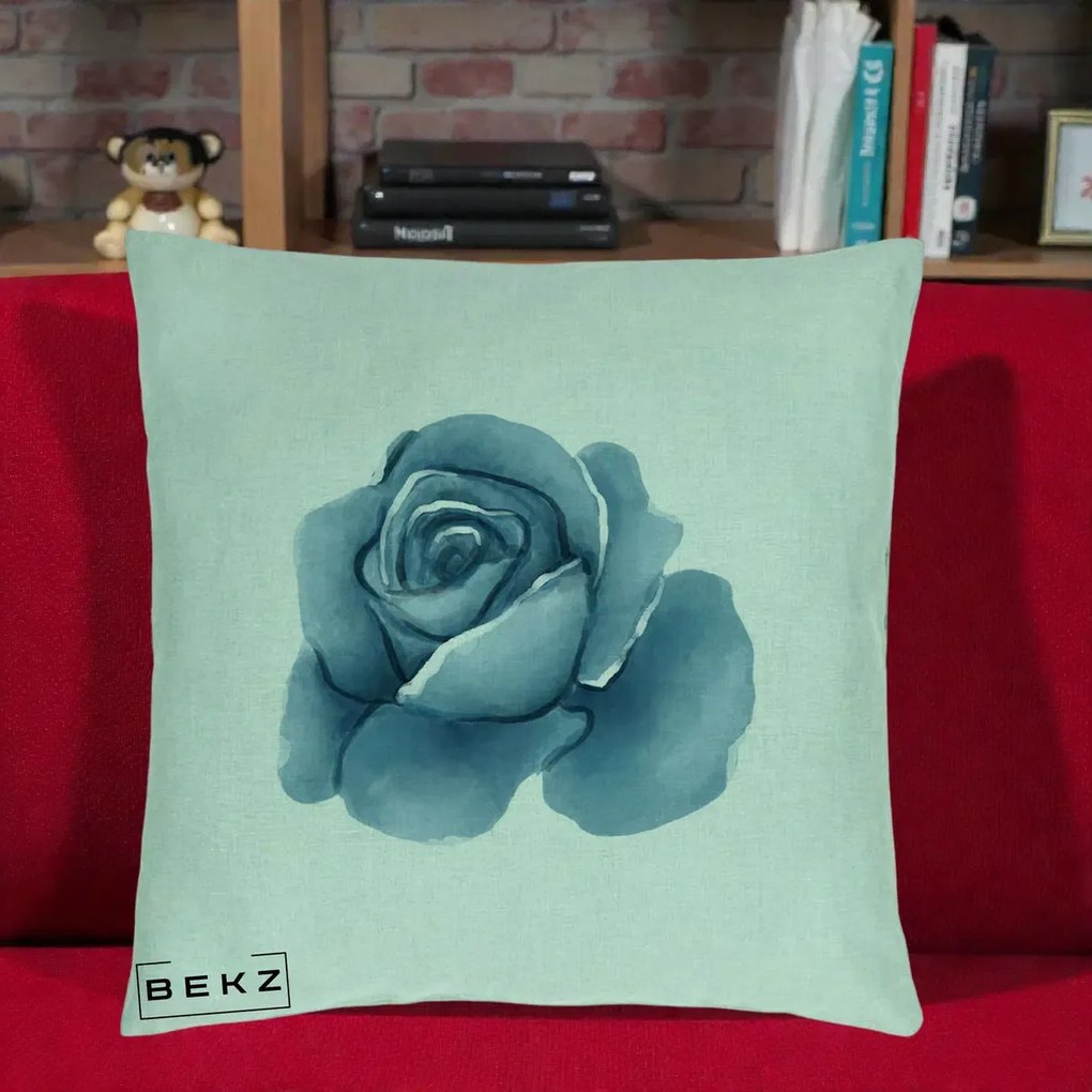 Perna Decorativa Trandafir Albastru Acuarela, 40x40 cm, Verde Menta, Husa Detasabila, Perna Inclusa, BEKZ®