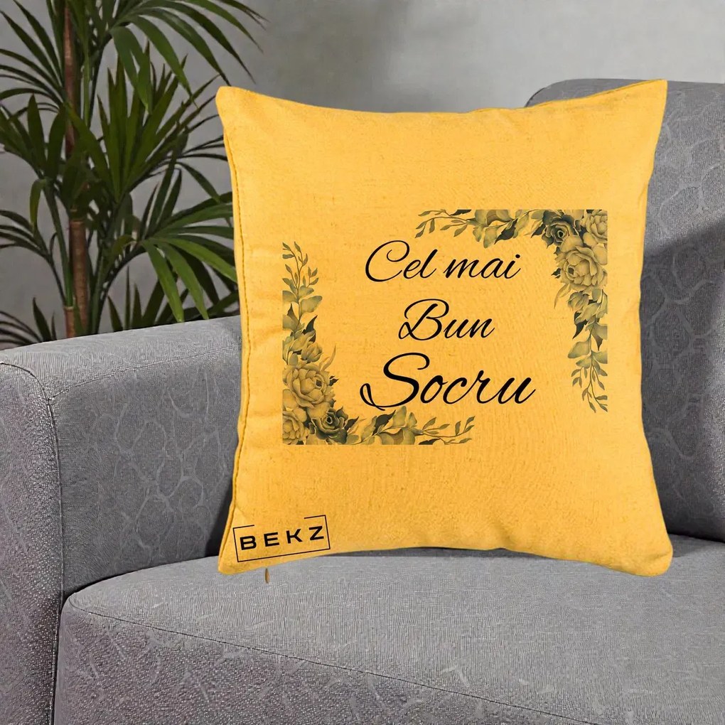Cadou pentru Socru - Perna Personalizata Cel mai Bun Socru cu Flori Albastre Acuarela, 40x40 cm, Galben, Husa Detasabila, Perna Inclusa, BEKZ®