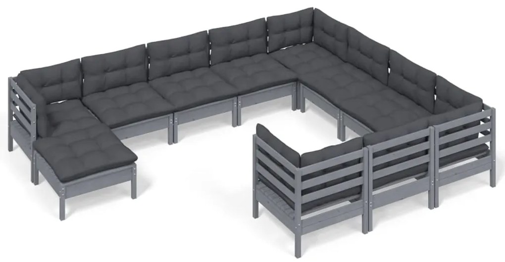 3097045 vidaXL Set mobilier grădină cu perne, 11 piese, gri, lemn de pin