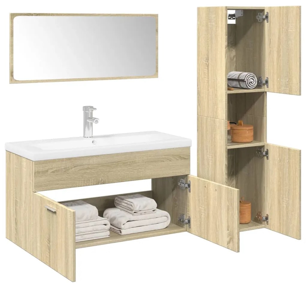 vidaXL Set mobilier de baie, 3 piese, stejar sonoma, lemn prelucrat