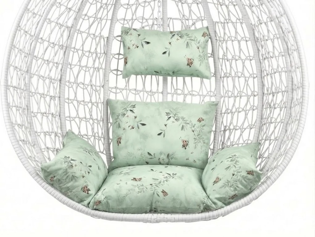 Scaun suspendat alb KOKON cu suport, perna verde deschis cu model