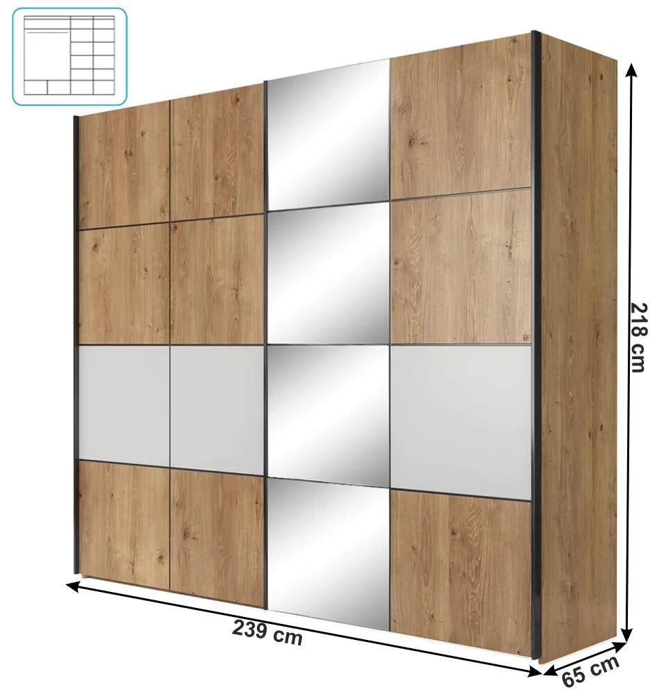 Dulap cu usi culisante , stejar grandson alb mat ,239x65x218 cm