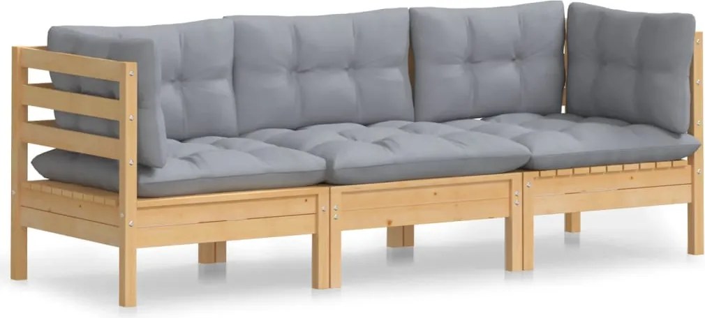 vidaXL Canapea de grădină cu 3 locuri, cu perne gri, lemn masiv pin