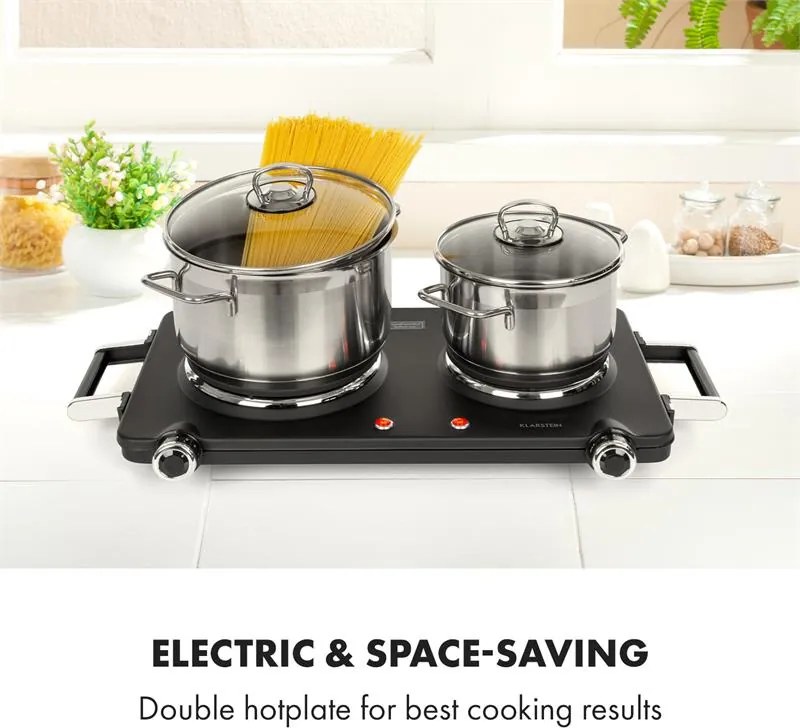 Klarstein Cookorama, plită electrică dublă, 1900 – 2250 W, 150/180 mm Ø, 5 nivele, neagră