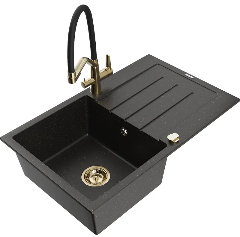 Mexen Bruno chiuvetă de bucătărie granit 1-cameră cu scurgător și baterie Duo, negru/auriu metalic - 6513-75-671701-57-G