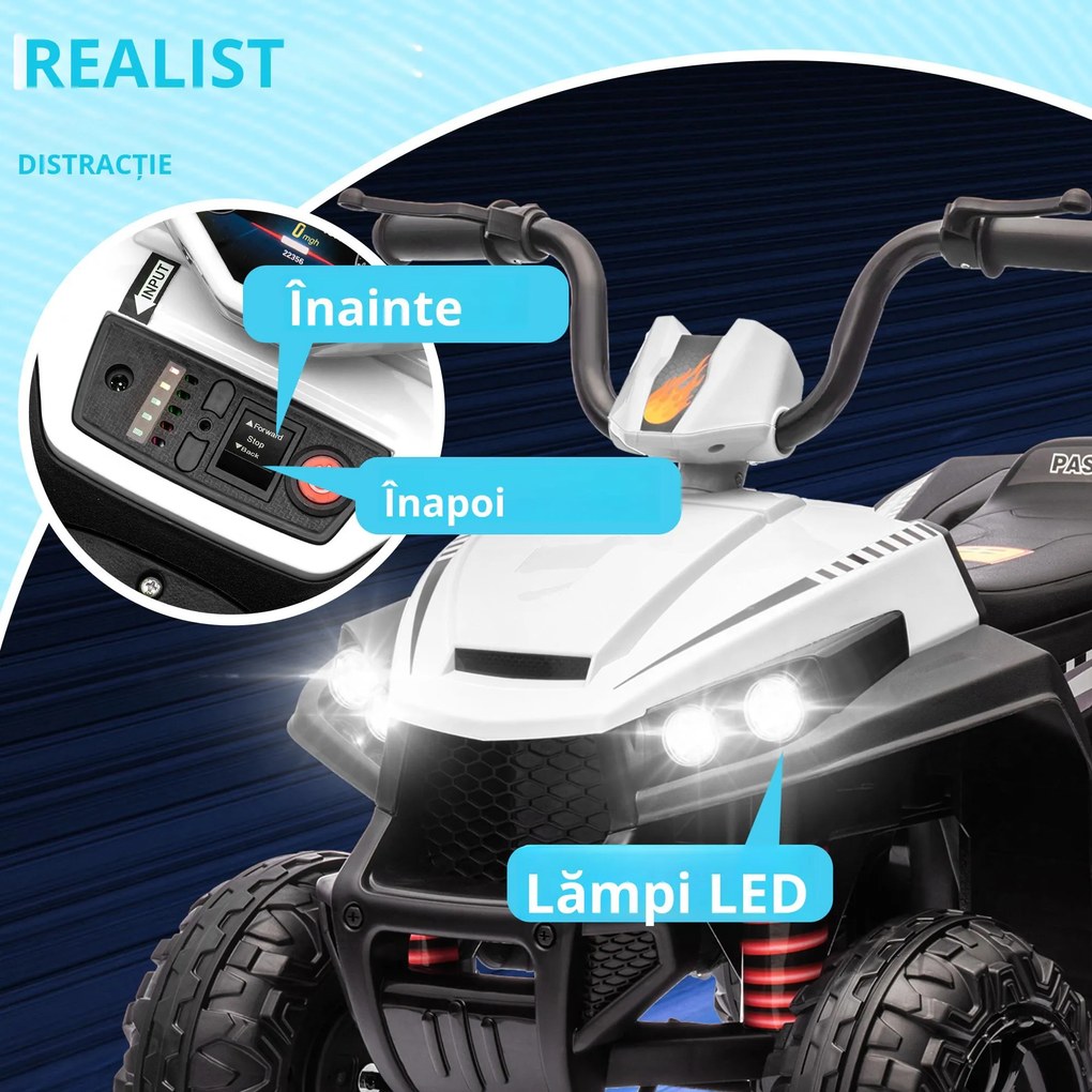 AIYAPLAY Quad electric pentru copii, lumină & muzică, suspensie, 5 km/h, 50 Min. timp de rulare, pentru 3-5 ani, Alb | Aosom Romania