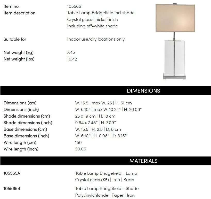 Veioza, lampa de masa, finisaj nickel, corp din sticla, H-49cm, Bridgefield Crystal 105565 HZ