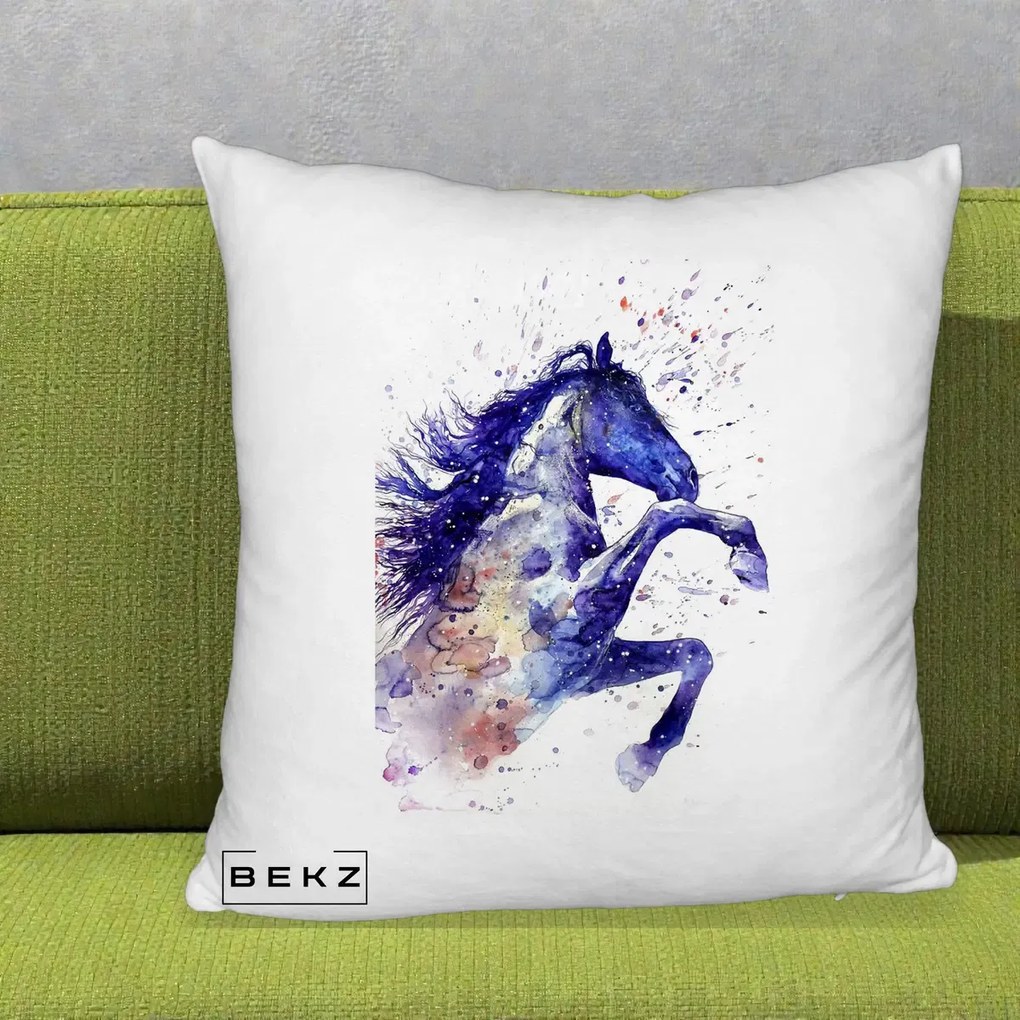 Perna Decorativa Cal Albastru Acuarela, 40x40 cm, Alb Pufos, Husa Detasabila, Perna Inclusa, BEKZ®