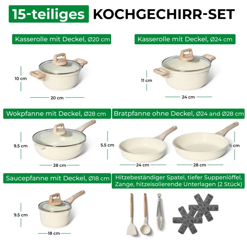 Set oale si tigai Just Perfecto JL-788, 15 piese, Finisaj marmura, Inductie, Accesorii, Bej