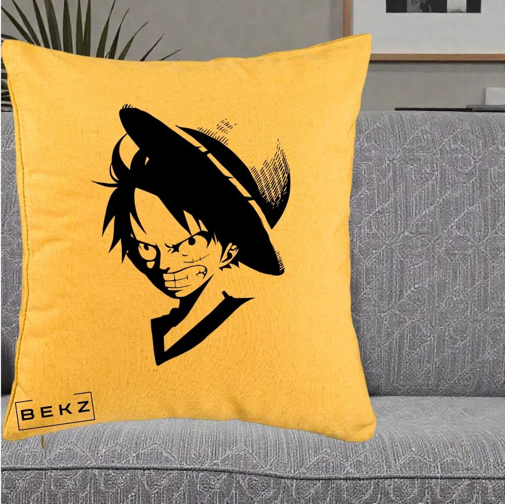 Perna Personalizata One Piece Luffy Silueta Alb-Negru, 40x40 cm, Galben, Husa Detasabila, Perna Inclusa, BEKZ®