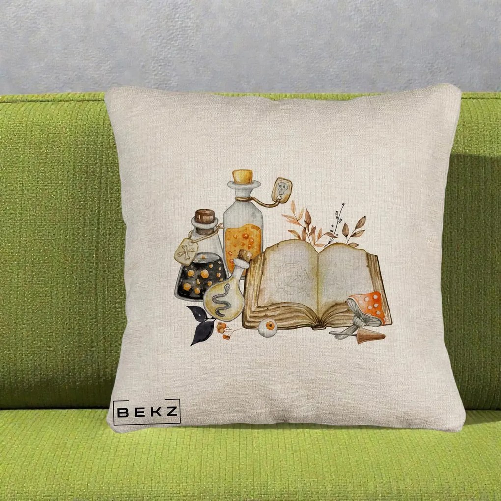Perna Decorativa Grimoire Vrajitoare si Filtre Magice Halloween, 40x40 cm, Bej Canapea, Husa Detasabila, Perna Inclusa, BEKZ®