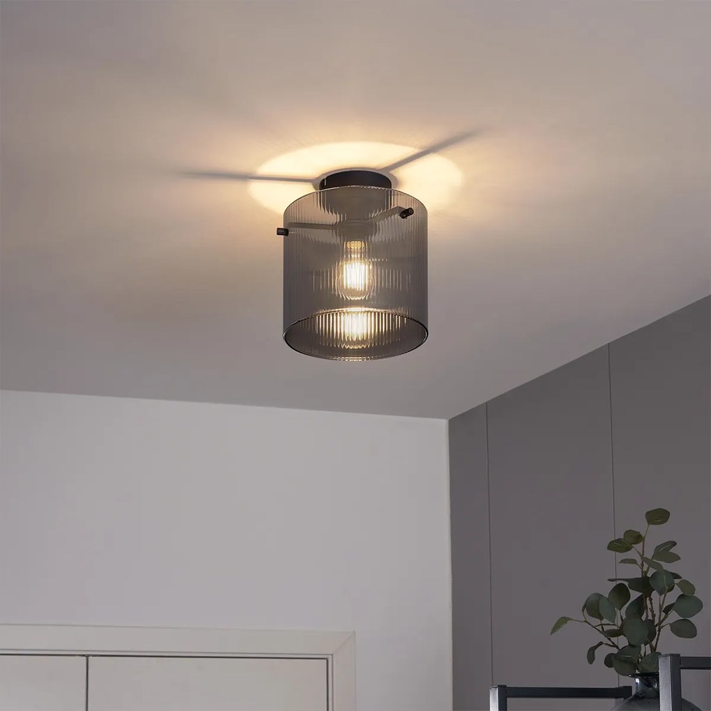 Plafonieră Art Deco neagră cu sticlă fumuriu - Laura