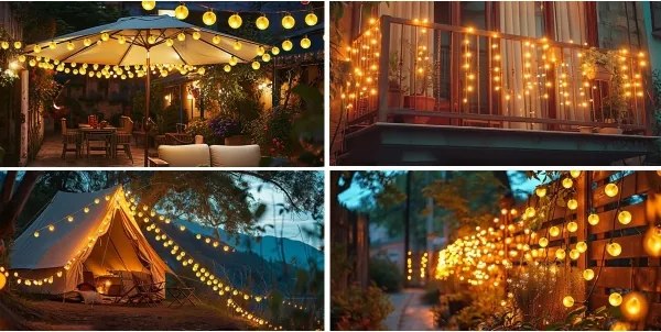 Ghirlandă solară decorativă LED, 50 LED, 8 funcții, acumulator 500 mAh, 9,5 m, IP67, alb cald