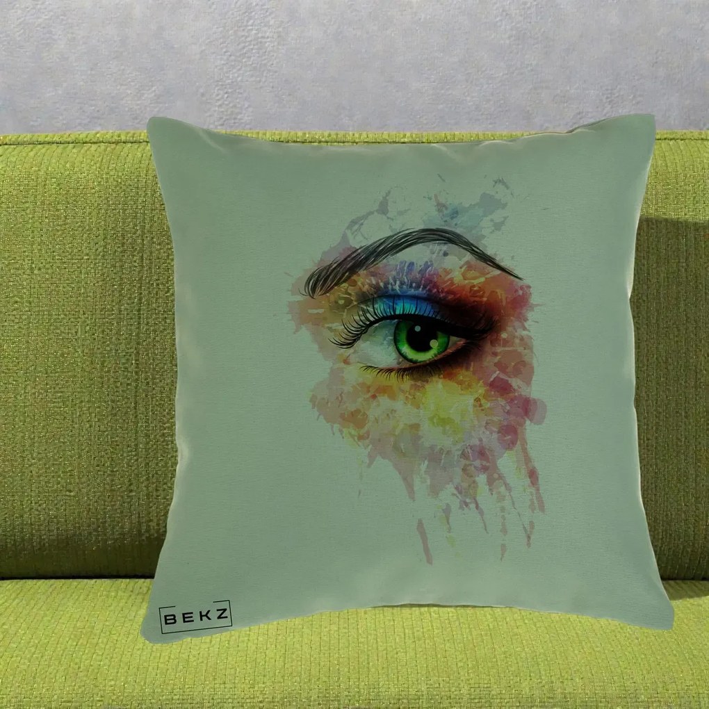 Perna Decorativa Ochi Verde Acuarela, 40x40 cm, Verde, Husa Detasabila, Perna Inclusa, BEKZ®
