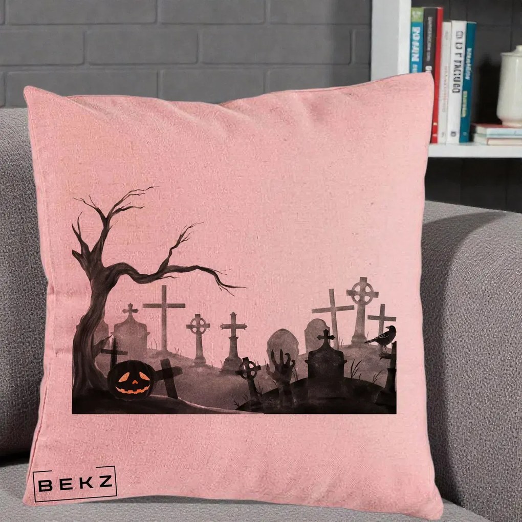 Perna Decorativa Halloween Cimitir Acuarela cu Dovleac, 40x40 cm, Roz, Husa Detasabila, Perna Inclusa, BEKZ®