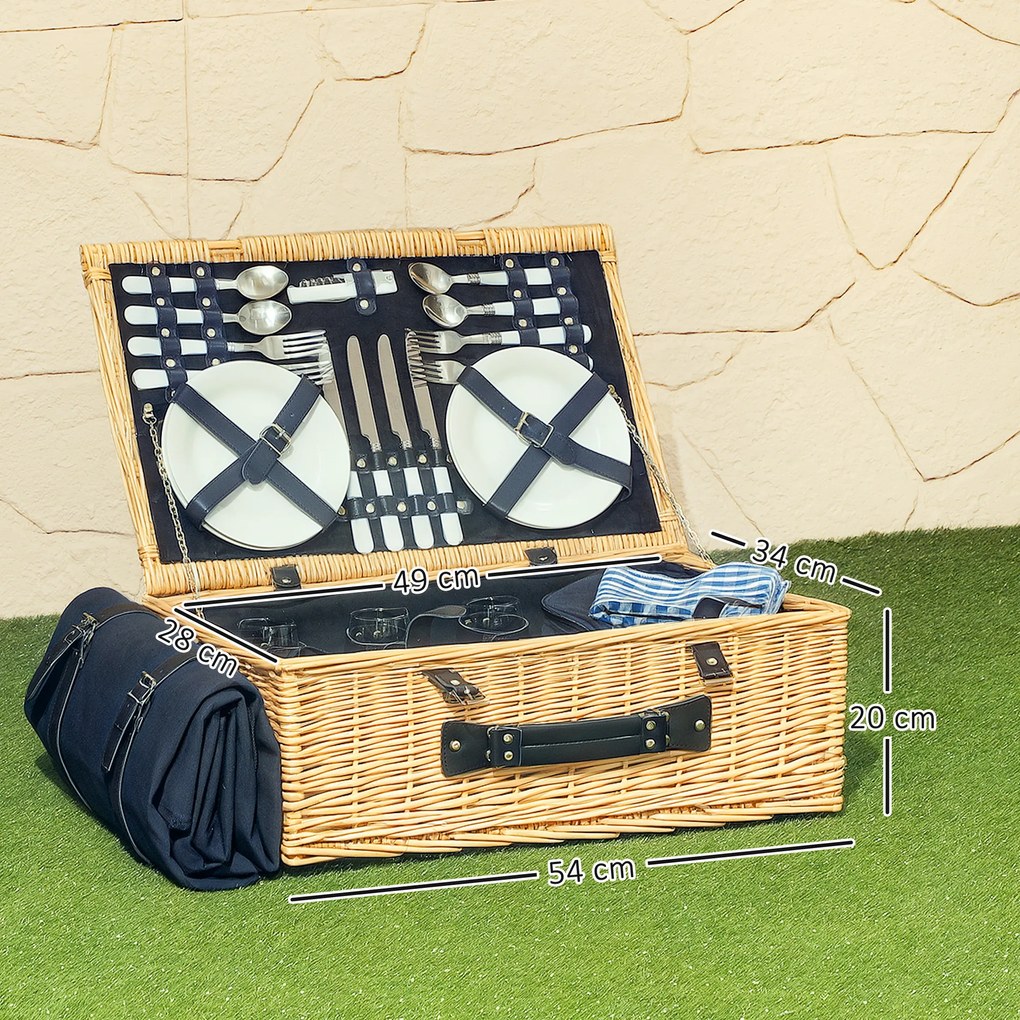 Outsunny Coș de Picnic pentru 4 Persoane cu Zonă Frigorifică și Accesorii 54x34x20 cm | Aosom Romania