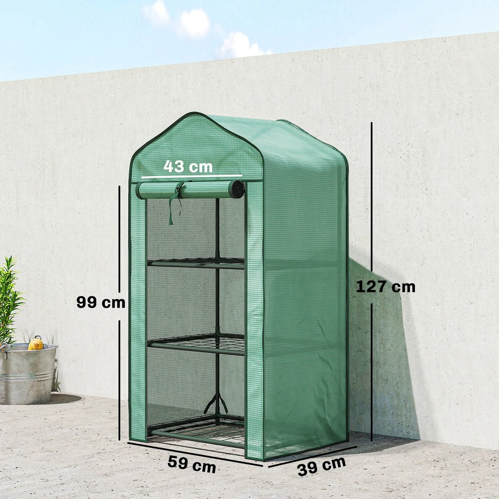 Outsunny Mini seră de grădină cu husă din PE, 3 rafturi și ușă rulabilă, 59x39x127 cm, verde | Aosom Romania