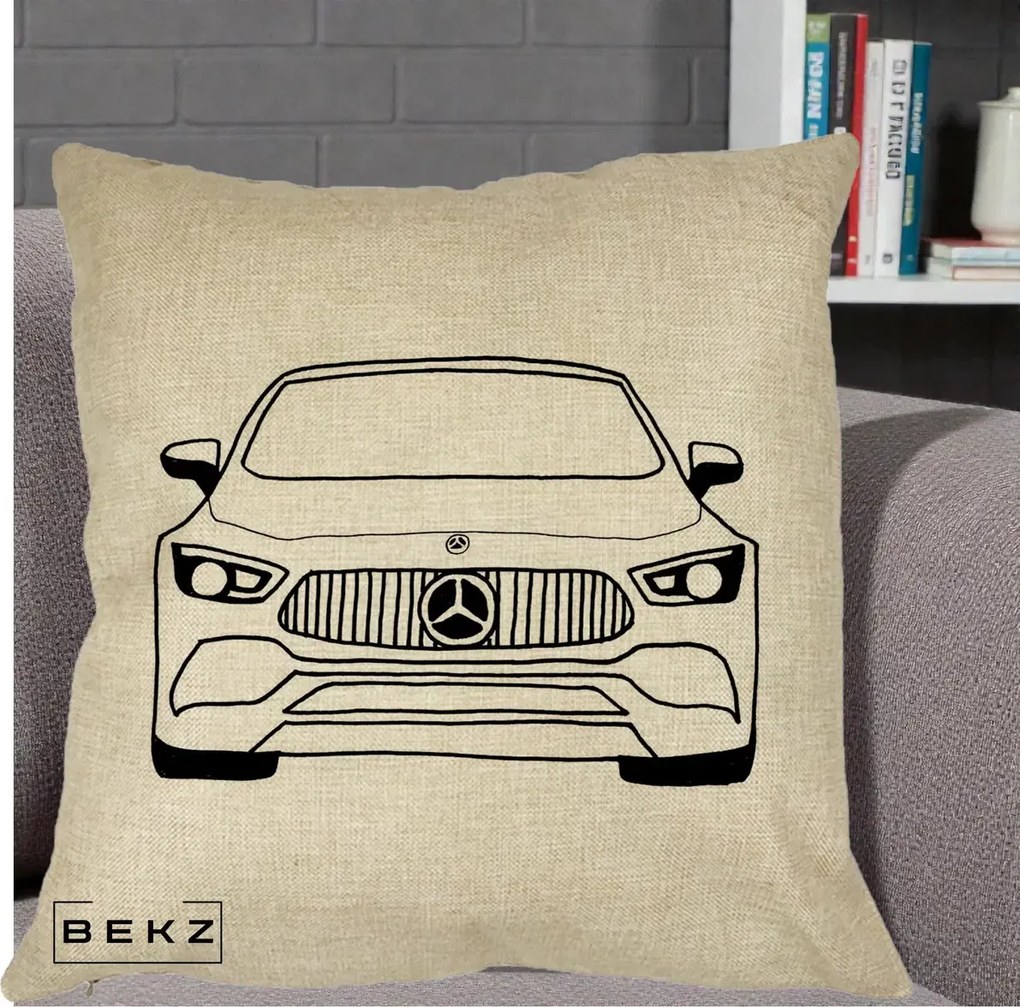 Perna Personalizata Mercedes-Benz Fata Linie, 40x40 cm, Crem, Husa Detasabila, Perna Inclusa, BEKZ®