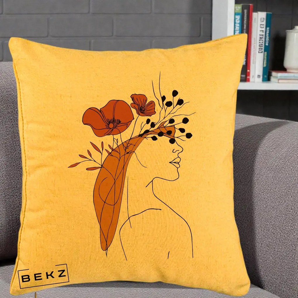 Perna Decorativa Portret Feminin Maci Rosii Auriu, 40x40 cm, Galben, Husa Detasabila, Perna Inclusa, BEKZ®