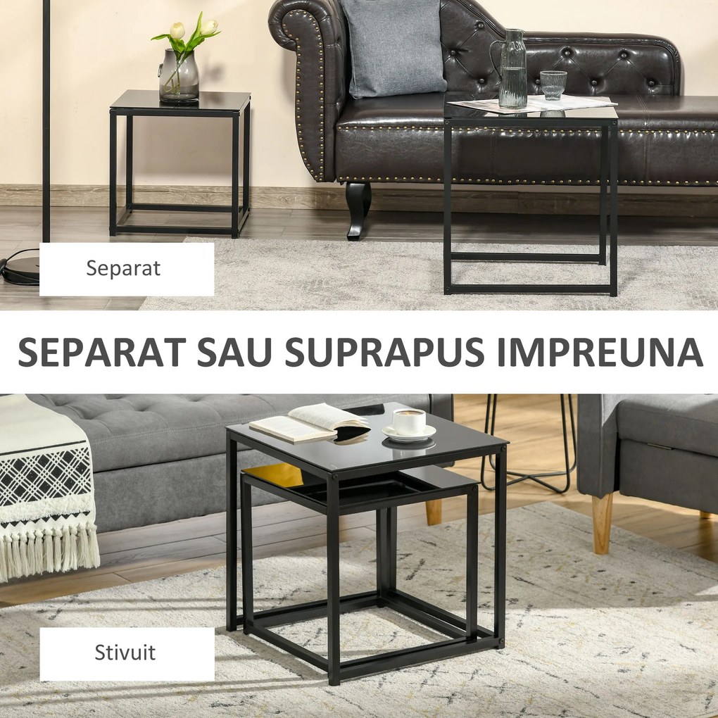 Set 2 Masute HOMCOM pentru Sufragerie Moderne, Otel si Sticla Securizata, Negru | Aosom RO