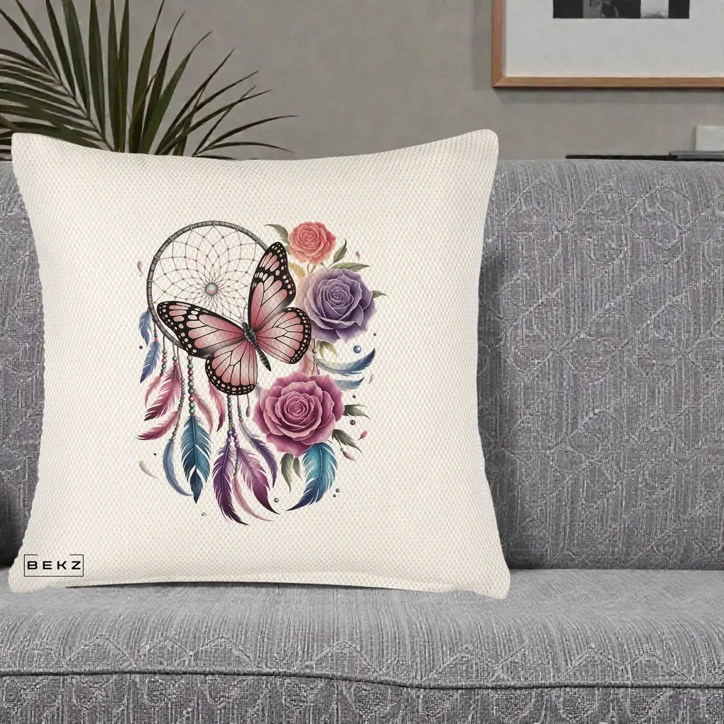 Perna Personalizata Prinzator de Vise cu Fluture si Trandafiri, 40x40 cm, Crem Reliefat, Husa Detasabila, Perna Inclusa, BEKZ®