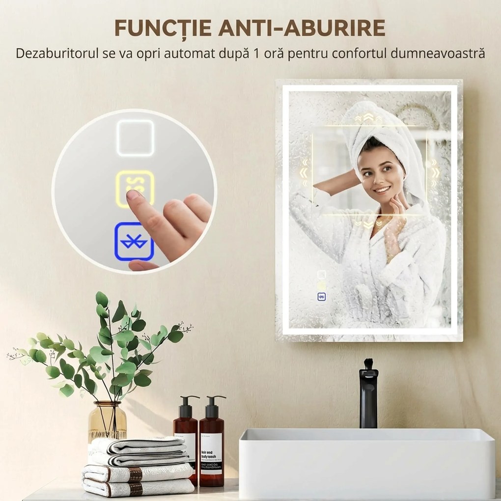 HOMCOM Oglindă Baie Antiaburire cu Lumină LED și Difuzor Bluetooth 50x70 cm | Aosom Romania