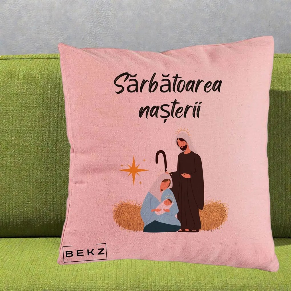 Perna Decorativa Nasterea Domnului Sfanta Familie Sarbatoarea Nasterii, 40x40 cm, Roz, Husa Detasabila, Perna Inclusa, BEKZ®