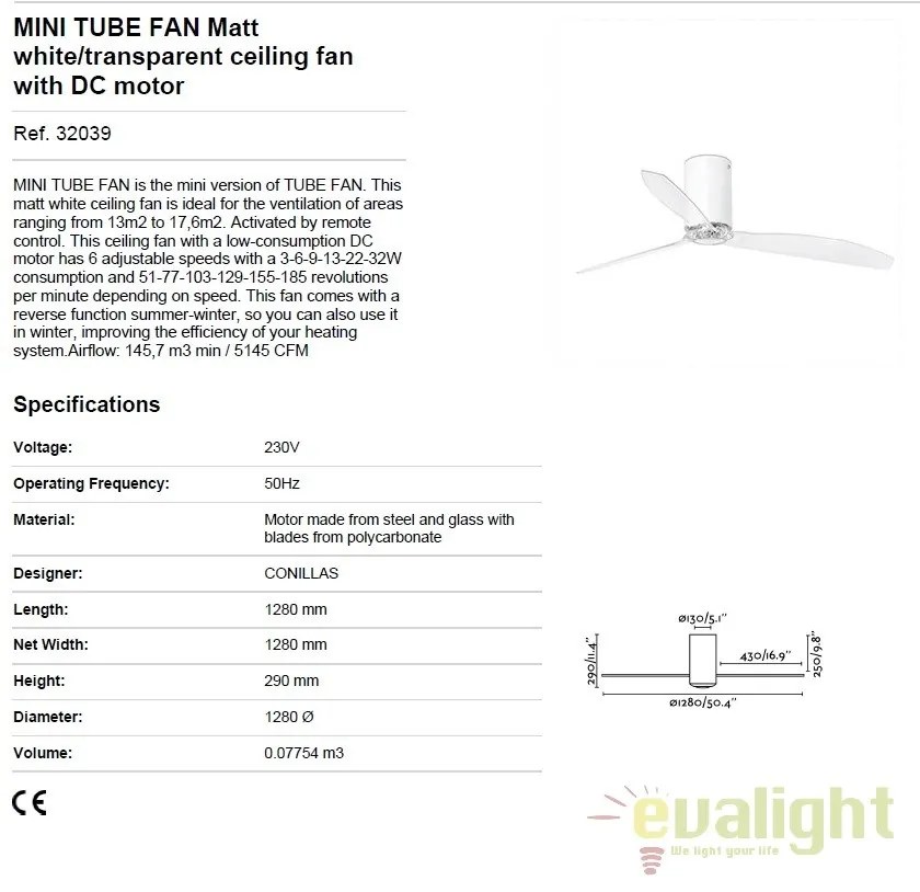 Ventilator de tavan modern cu telecomanda MINI TUBE FAN alb mat/transparent 32039