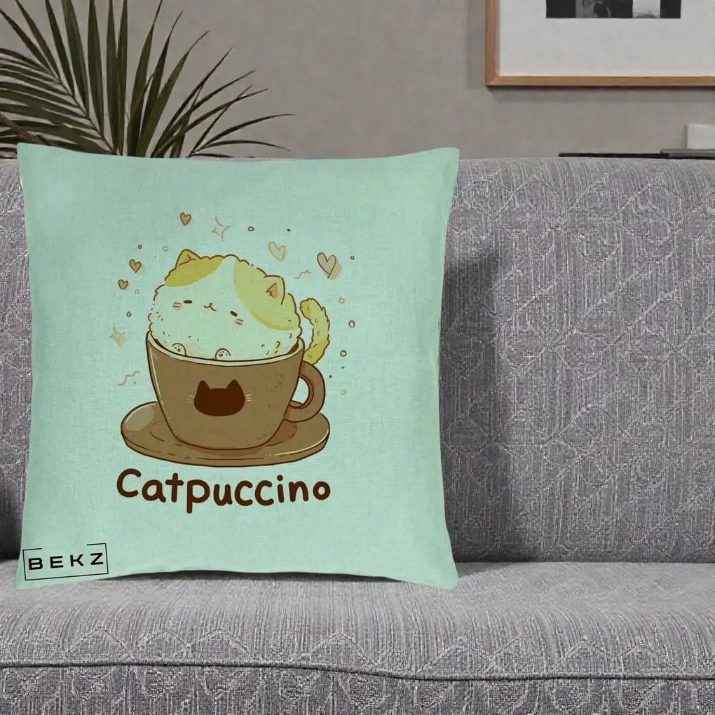 Perna Decorativa Catpuccino Pisica Cappuccino, 40x40 cm, Verde Menta, Husa Detasabila, Perna Inclusa, BEKZ®