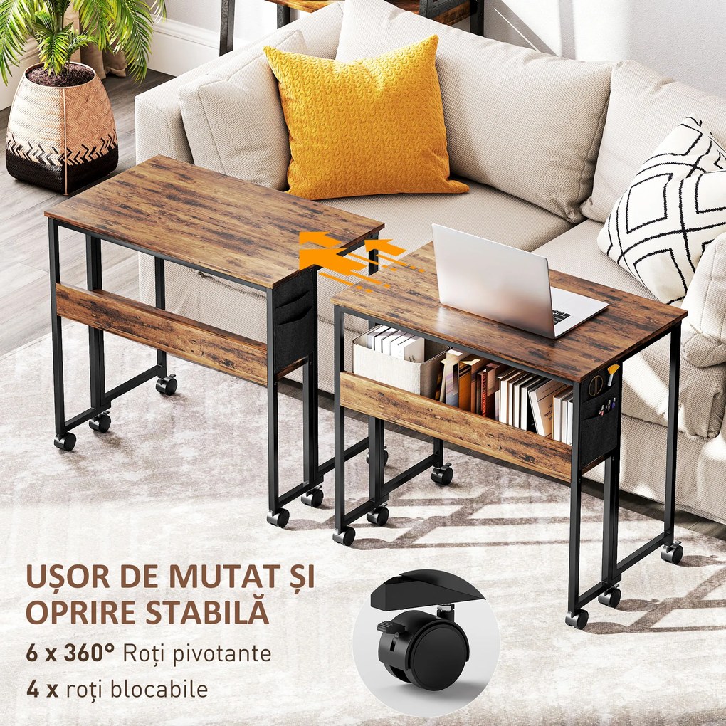 HOMCOM Birou Pliabil de 80 cm cu Raft de Depozitare și Blat Pliabil pe Roți - Maro Rustic | Aosom Romania