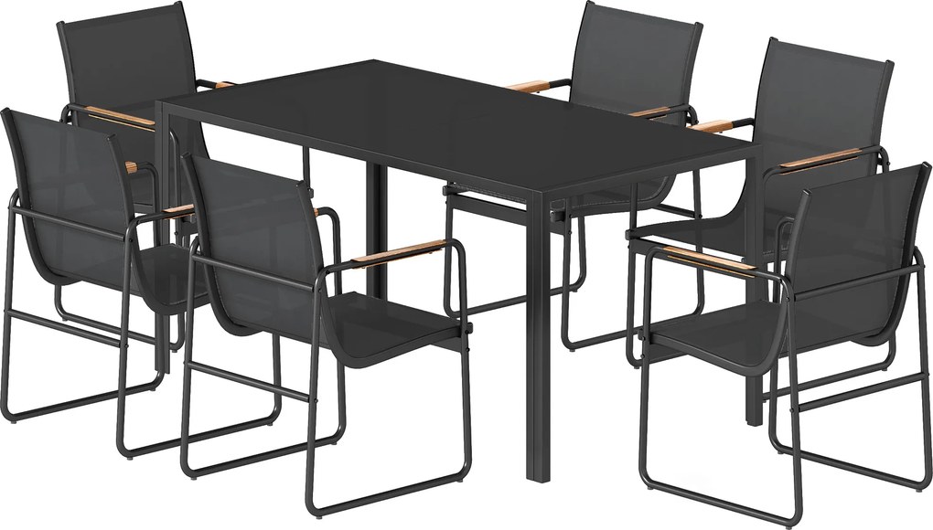 Outsunny Set mobilier de grădină 150 x 80cm masă din sticlă cu 6 scaune respirabile cotiere decorative Negru | Aosom Romania