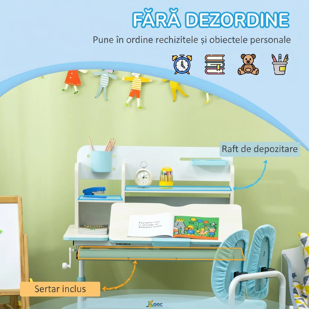 HOMCOM Set de birou si scaun cu inaltime reglabila Birou de scriere pentru copii masa de studiu pentru scoala cu raft | Aosom Romania