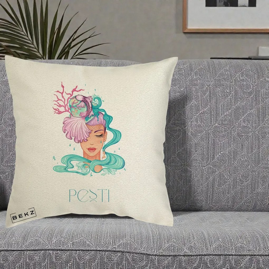 Perna Personalizata Zodiac Pesti Cowgirl, 40x40 cm, Ecru, Husa Detasabila, Perna Inclusa, BEKZ®