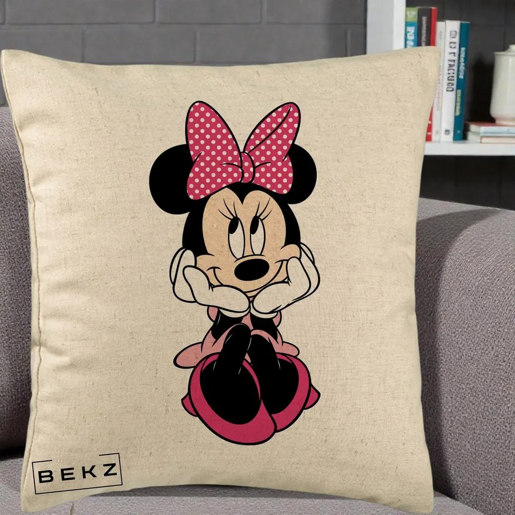 Perna Personalizata Minnie Mouse cu Fundita, 40x40 cm, Bej, Husa Detasabila, Perna Inclusa, BEKZ®
