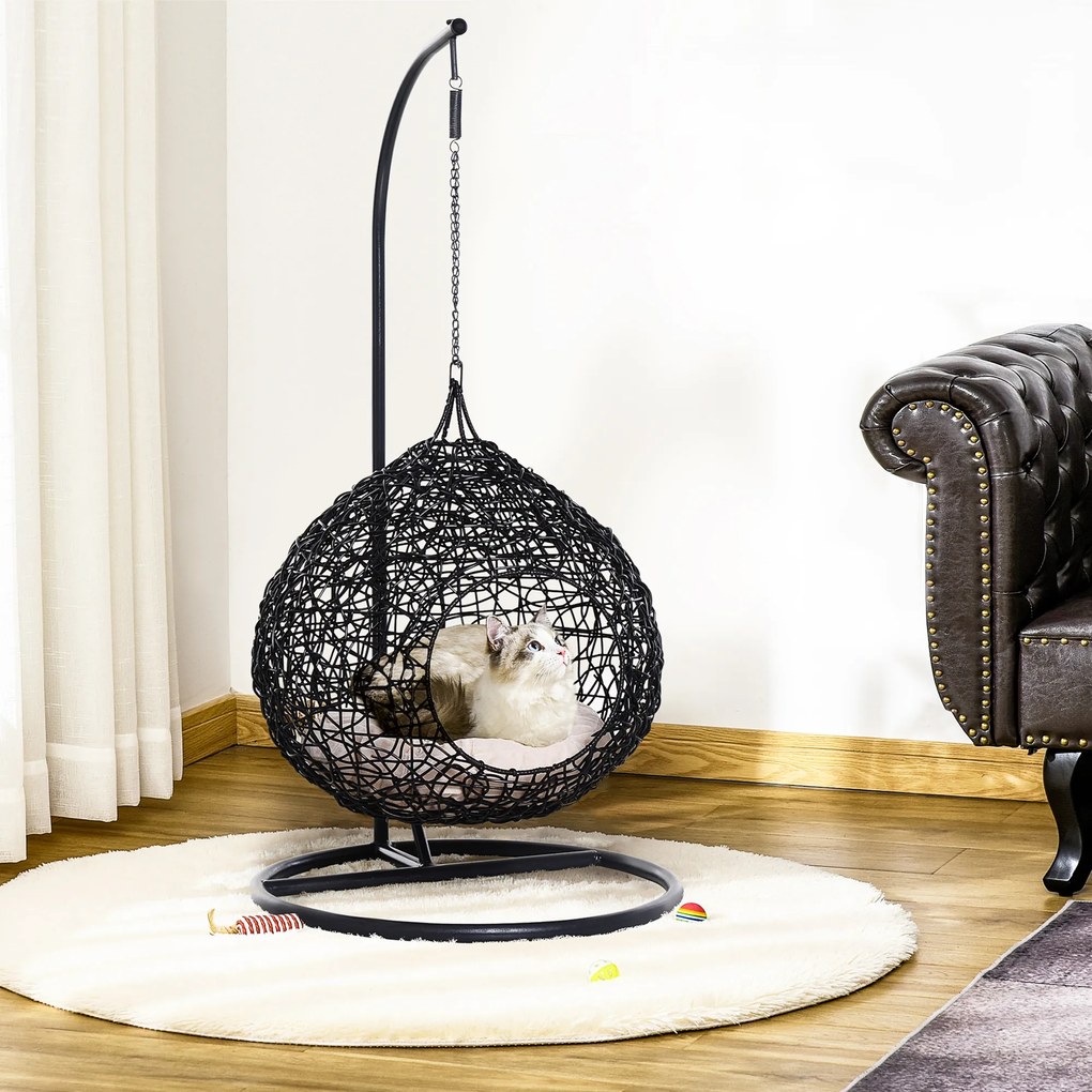 PawHut Cusca Hamac pentru Pisici in PE Rattan cu Perna din Lin si Bumbac Φ60 x 110cm