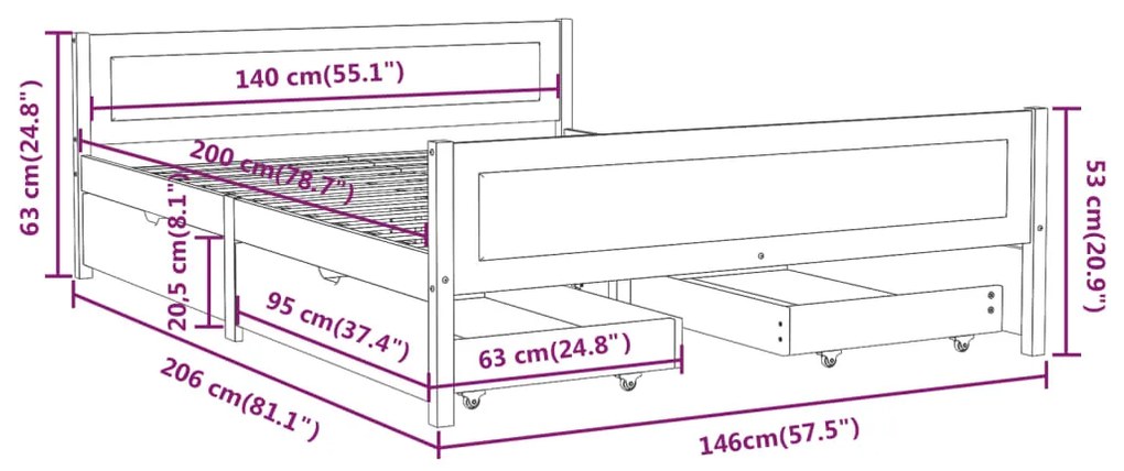 Cadru pat cu 4 sertare, alb, 140x200 cm, lemn masiv pin Alb, 140 x 200 cm, 4 Sertare