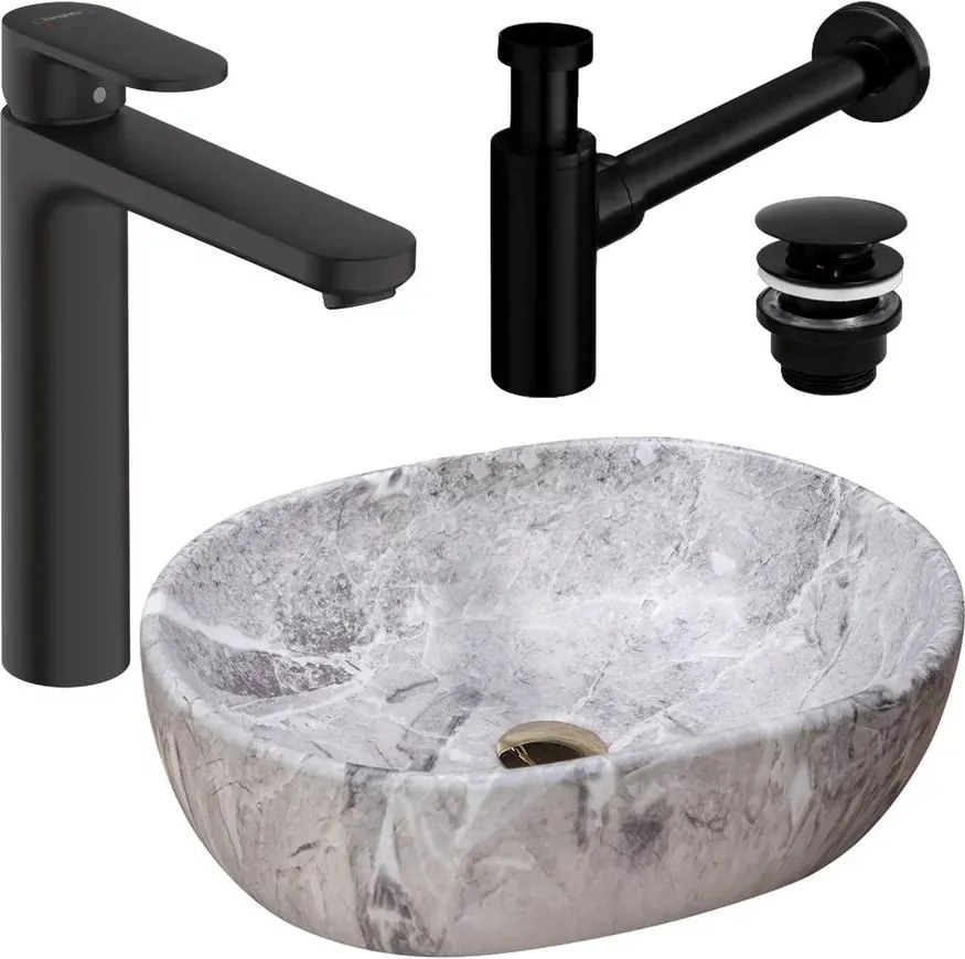 Pachet lavoar pe blat Rea Lara Stone gri 48.5 cm, baterie lavoar Hansgrohe Vernis Blend negru si ventil lavoar Click-Clack negru