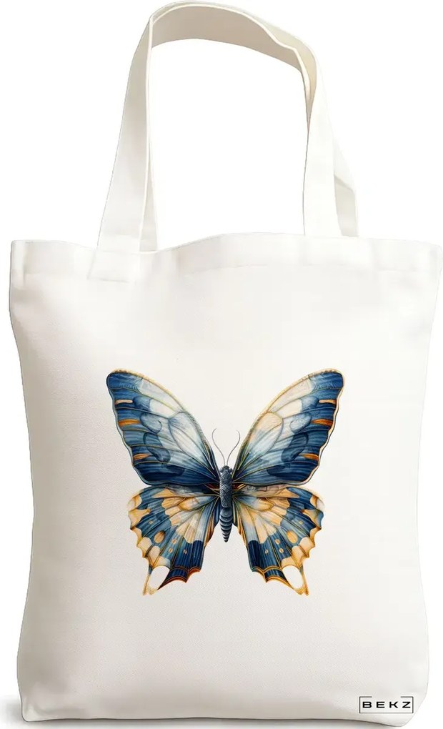Sacosa de Panza pentru Cumparaturi, Geanta Tote, model Artistic butterflies 4 38 x 34.5 cm, Alba, BEKZ®