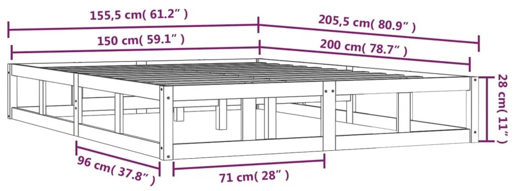 Cadru de pat King Size 5FT, negru, 150x200 cm, lemn masiv Negru, 150 x 200 cm