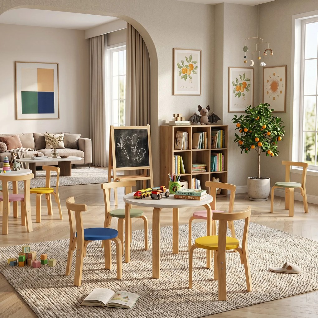 AIYAPLAY Set Masă și Scaune pentru Copii 3-8 Ani, 5 Piese cu Margini Rotunjite din Lemn Multicolor | Aosom Romania