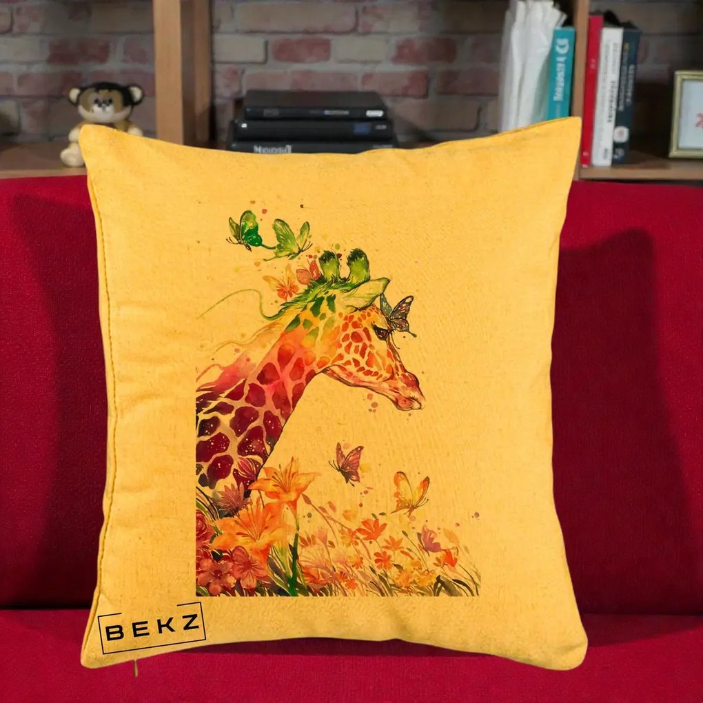 Perna Decorativa Girafa Curcubeu Acuarela, 40x40 cm, Galben, Husa Detasabila, Perna Inclusa, BEKZ®
