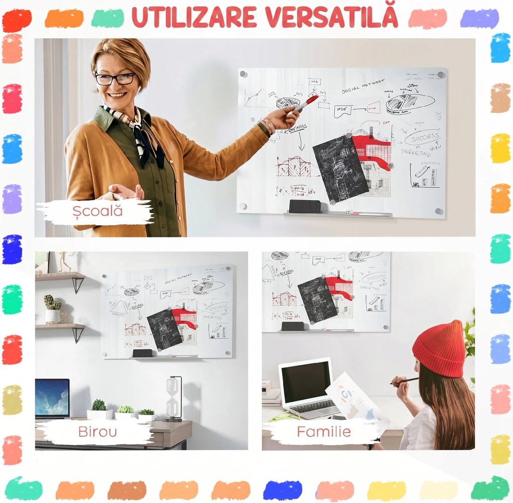 Vinsetto Tablă de Sticlă Albă cu 4 Markere și Burete de Șters 90x60x0.4 cm | Aosom Romania