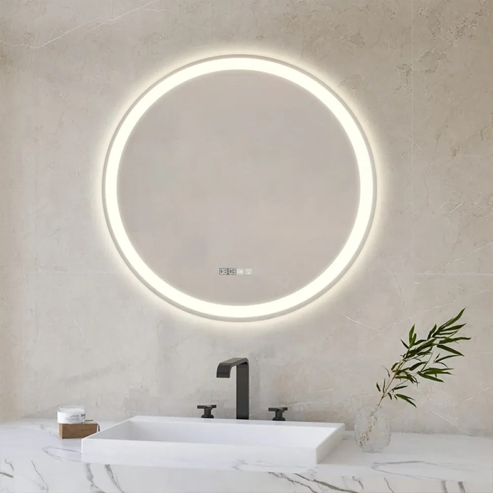 Oglindă baie, Multifuncțională, Iluminare LED Touch, Sistem Dezaburire, Ceas electronic încorporat, Indicator Temperatura, 60x60 cm