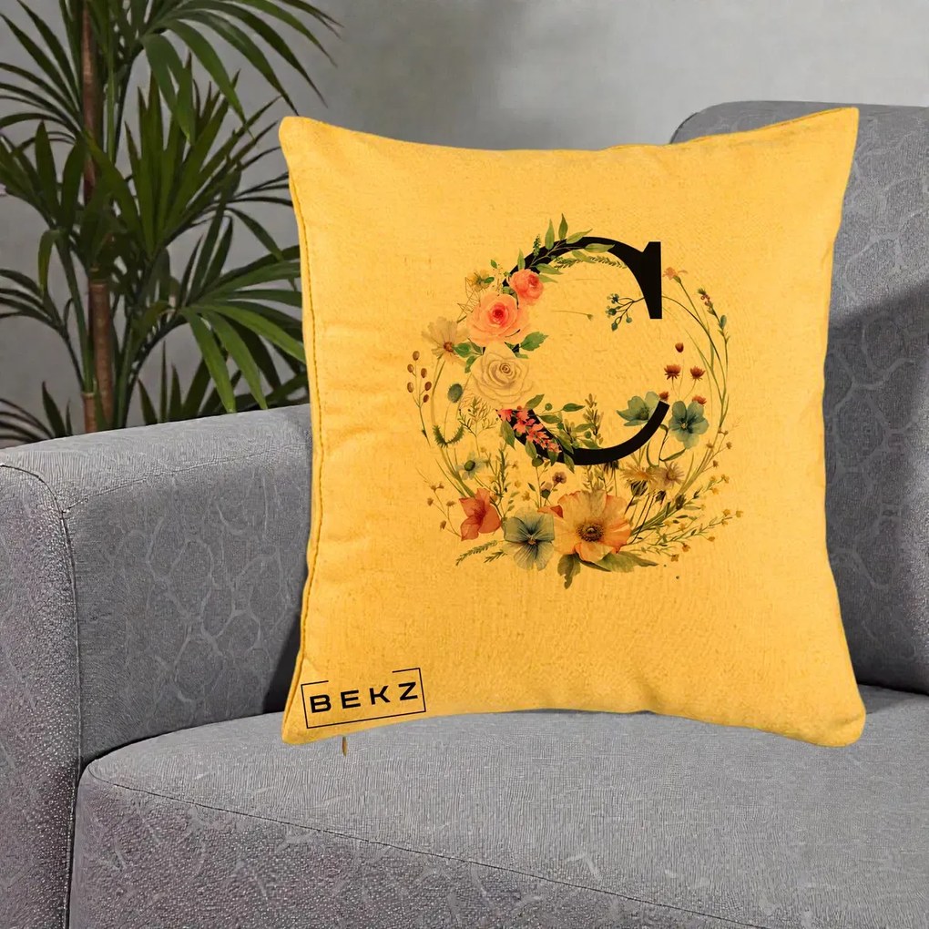Cadou Personalizat - Perna Personalizata Monogram Litera C cu Flori Acuarela, 40x40 cm, Galben, Husa Detasabila, Perna Inclusa, BEKZ®