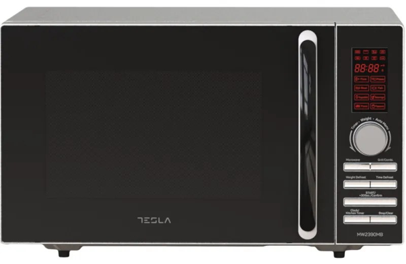 Cuptor cu microunde Tesla MW2390MB, 23 litri, 800W, Grill, Dezghetare, Control digital, 5 trepte de putere, Argintiu/Negru