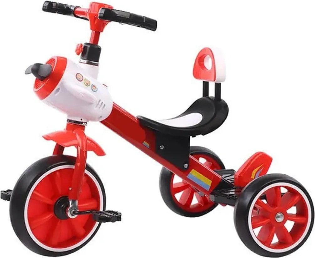 Tricicleta cu pedale NOVOKIDS™ Plane Trike, Cu melodii si lumini, Max 30 kg, Roti din spuma cauciucata, Cadru metalic, Model avion, Rosu