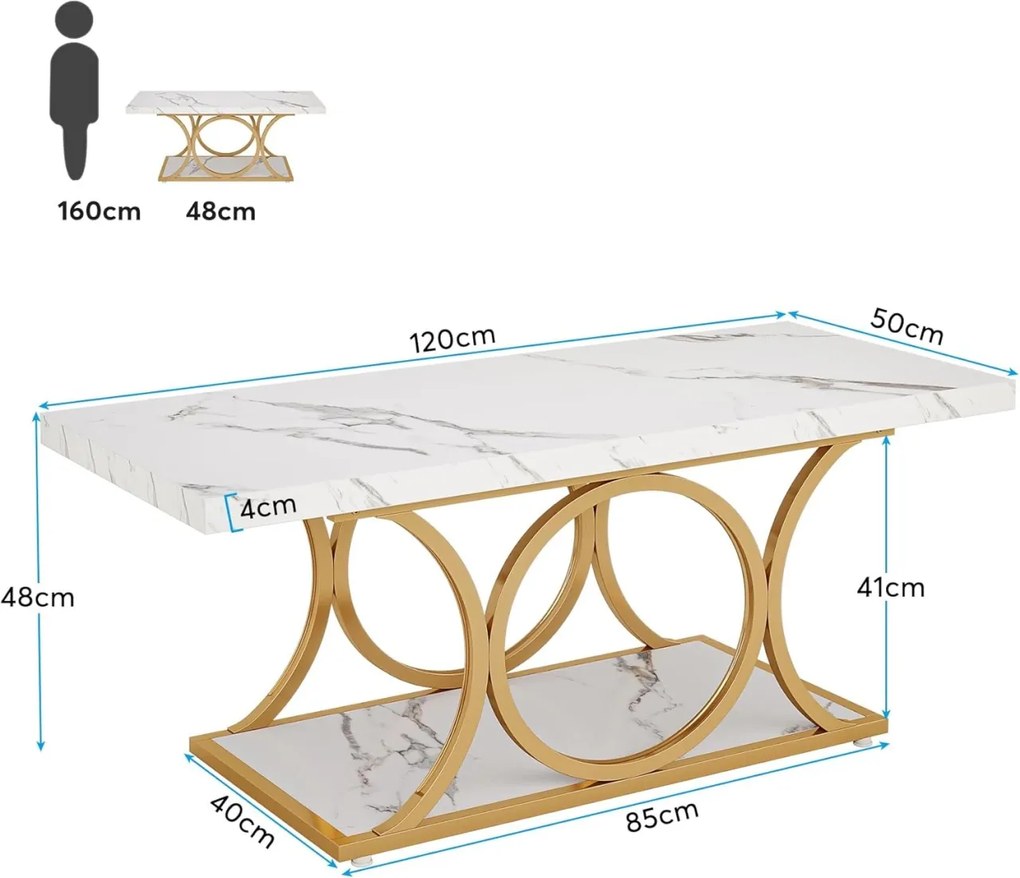 MCAU17 - Masuta de cafea, 120x50 cm, picioare metalice, Alb imitatie Marmura - Auriu