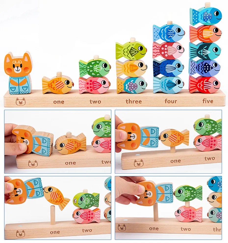 Jucărie magnetică din lemn pentru pescuit, pentru învățarea numerelor
