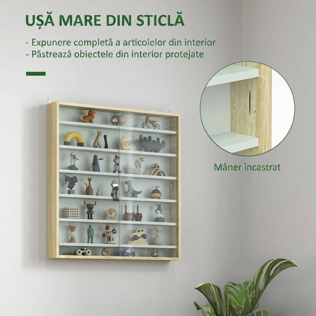 HOMCOM Vitrină de Perete, cu 5 Rafturi Ajustabile, din Lemn, PAL, Sticlă, 80 x 9,5 x 83 Cm, Alb și Gri | Aosom Romania