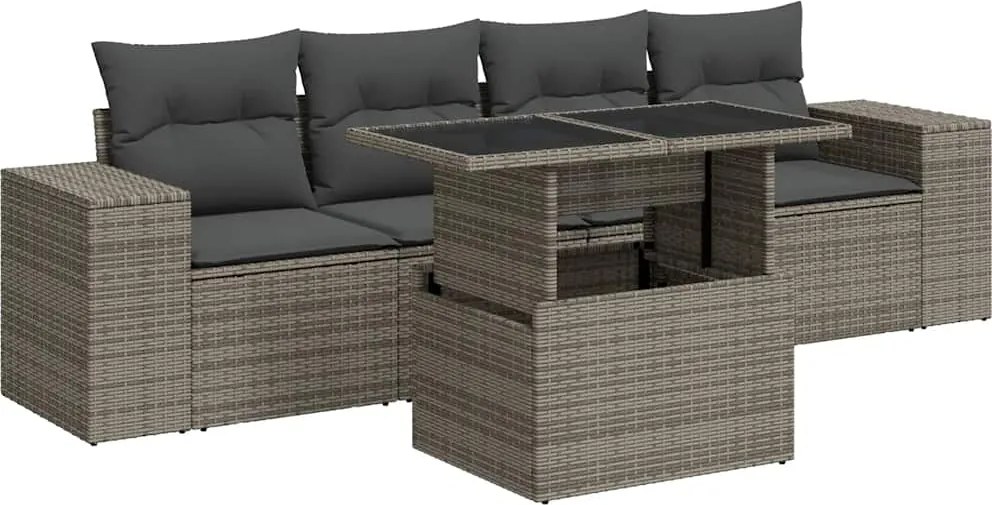 vidaXL Set canapea de grădină cu perne, 5 piese, gri, poliratan